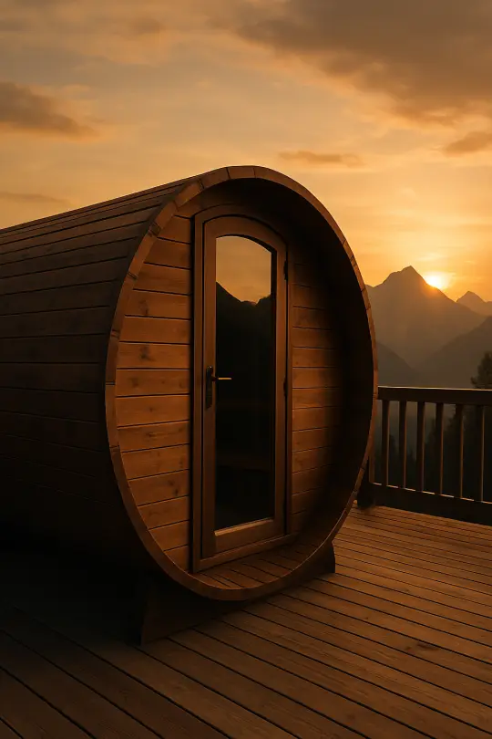 Sauna beczkowa Beczka 180 na tarasie na Podhalu