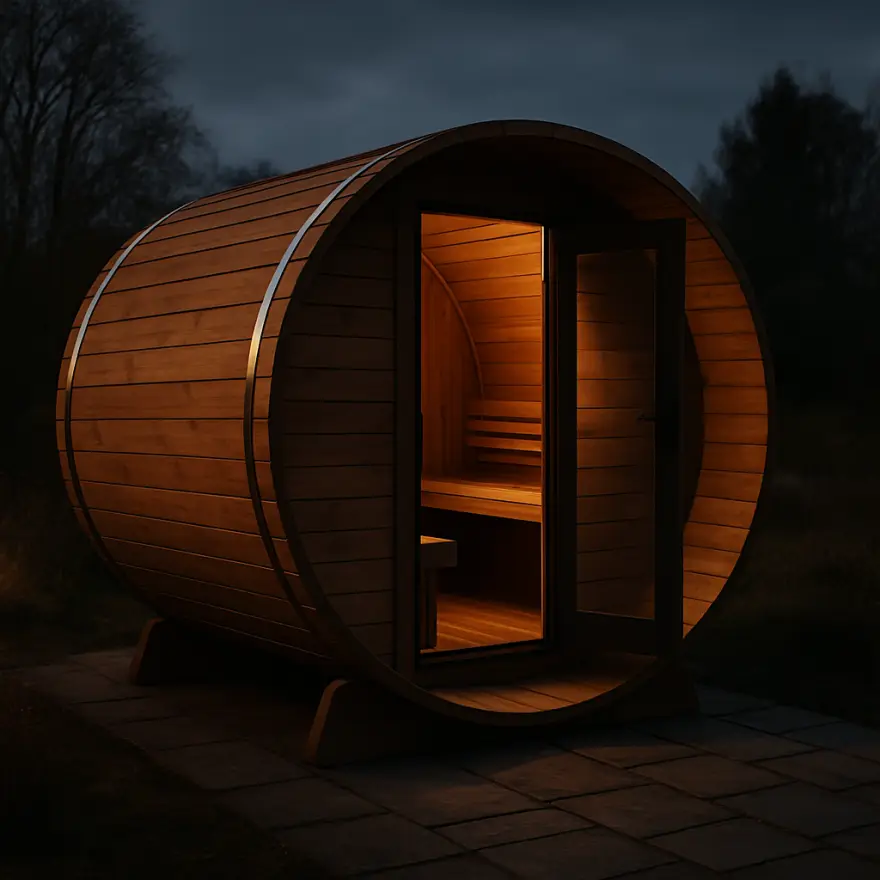Sauna beczkowa Beczka 300 Premium z przedsionkiem – model dla ośrodków do 6 osób
